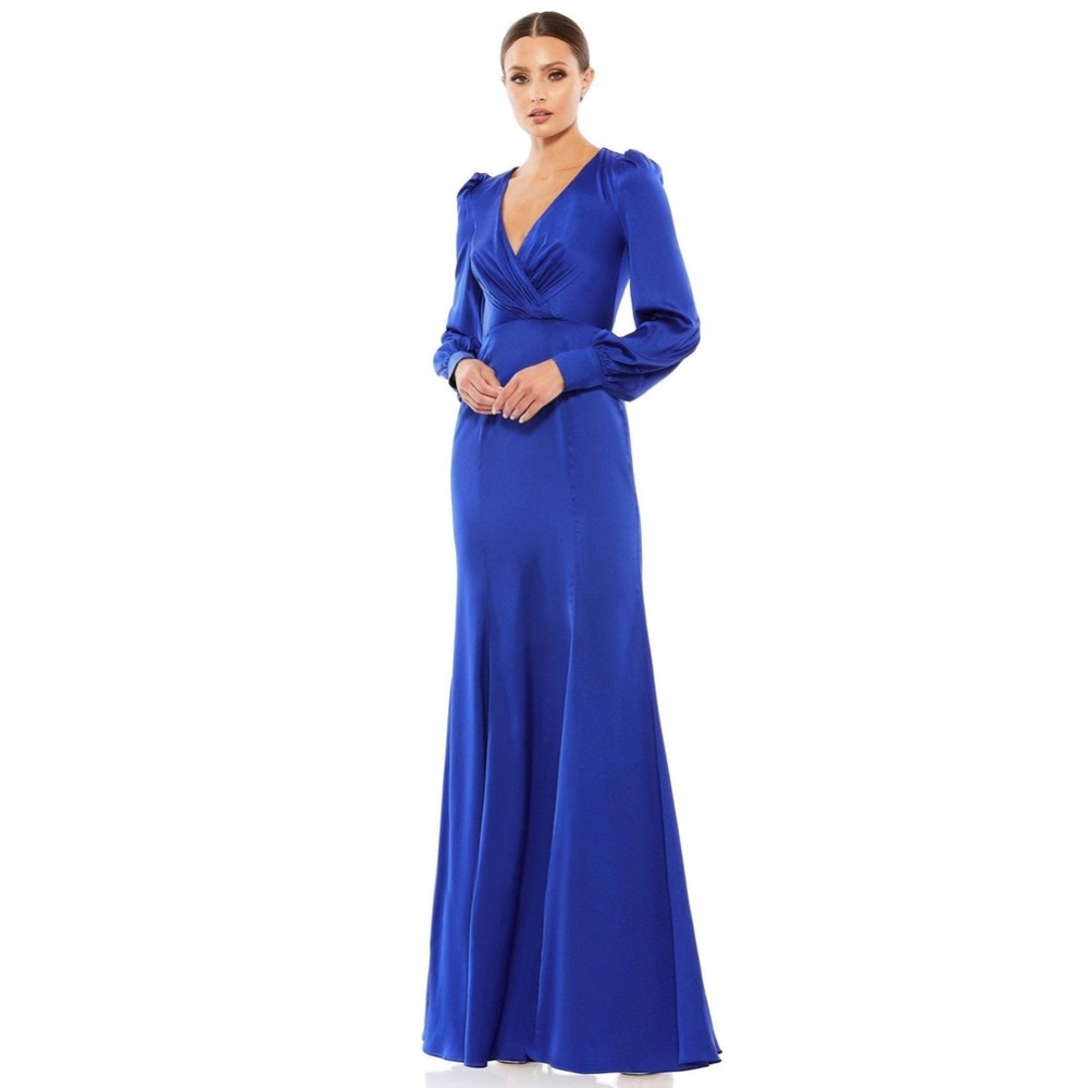 Ieena For Mac Duggal Gown 4 Blue Satin Dress V Neck Bishop Long Sleeve Formal